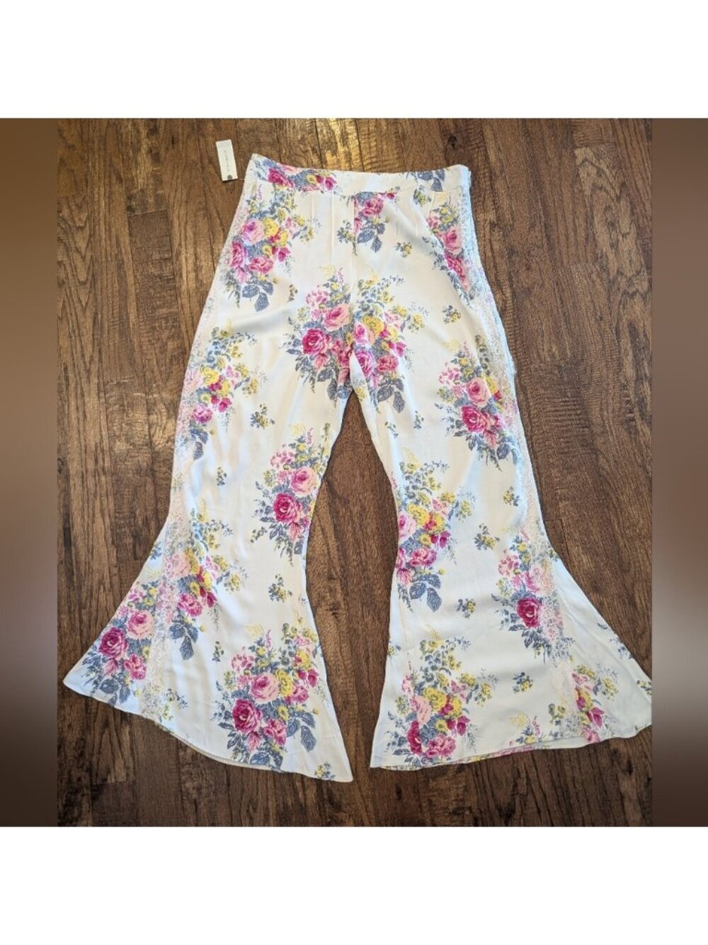 Anthropologie Floral Lace Silky Flare Pants Ivory Size 12 New - Picture 12 of 12